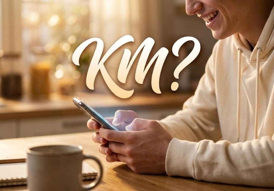 Person laughing while texting on smartphone, illustrating the km meaning in text