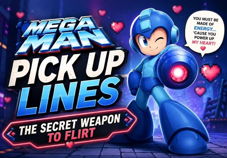 Mega Man Pick Up Lines featured image showing a blue futuristic hero with glowing hearts and a romantic cyberpunk background