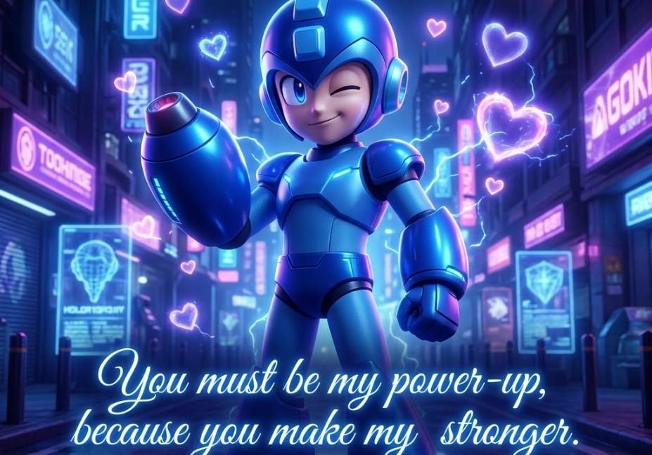 Mega Man Pick Up Lines featuring a futuristic blue robotic hero surrounded by glowing romantic hearts