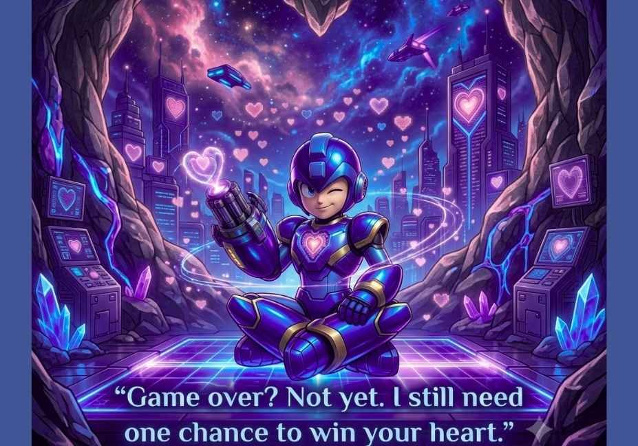 Mega Man Pick Up Lines featuring a charming blue robotic hero beneath a neon sky with floating hearts