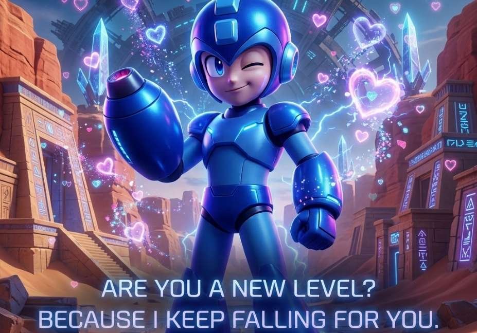 Mega Man Pick Up Lines featuring a blue armored hero surrounded by neon hearts in a futuristic city