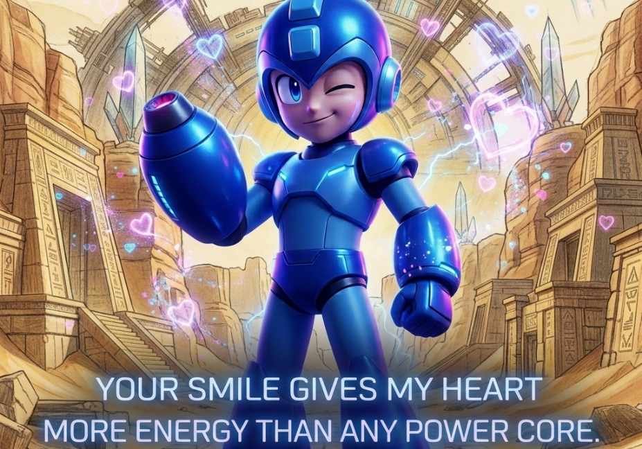 Mega Man Pick Up Lines image featuring a blue robotic hero holding a glowing heart-shaped energy orb
