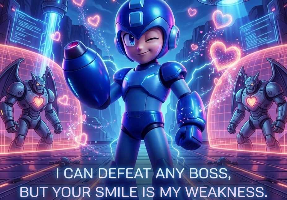 Mega Man Pick Up Lines featuring a blue futuristic hero in a romantic cybernetic battle arena