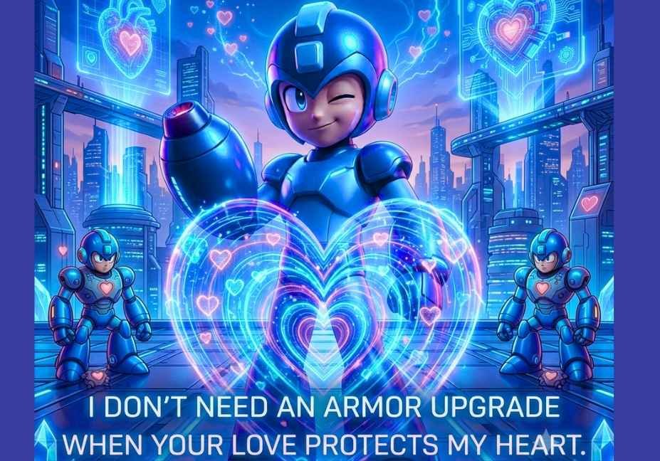 Mega Man Pick Up Lines featuring a blue robotic hero protecting a glowing heart-shaped energy shield