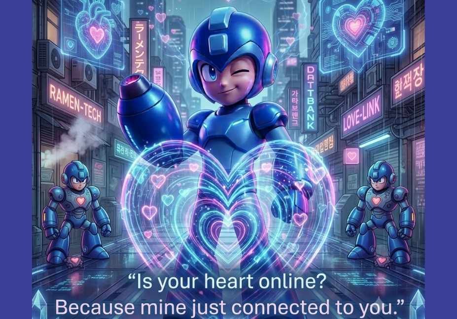 Mega Man Pick Up Lines featuring a blue robotic hero viewing a glowing holographic heart notification