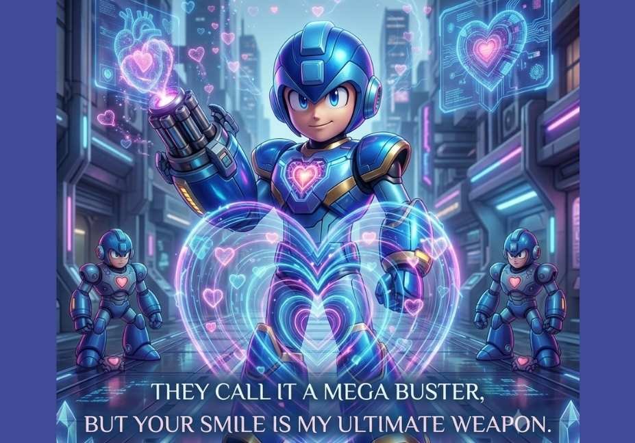 Mega Man Pick Up Lines featuring a blue robotic hero with a glowing heart-powered energy cannon