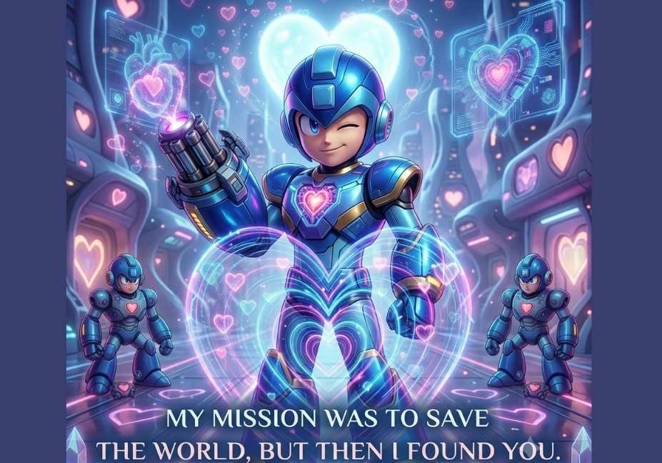 Mega Man Pick Up Lines featuring a blue armored hero walking toward a glowing heart in a futuristic city