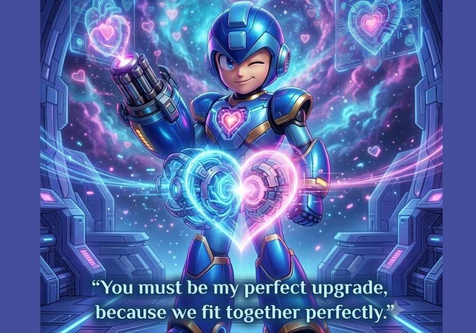 Mega Man Pick Up Lines image showing futuristic energy cores joining to form a glowing heart