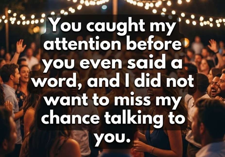 Lively nighttime party scene featuring a confident Micro Pickup Lines caption about catching attention