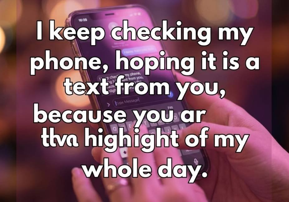 Close-up of hands typing on a phone with a soft glow and a sweet Micro Pickup Lines quote about waiting for a text.