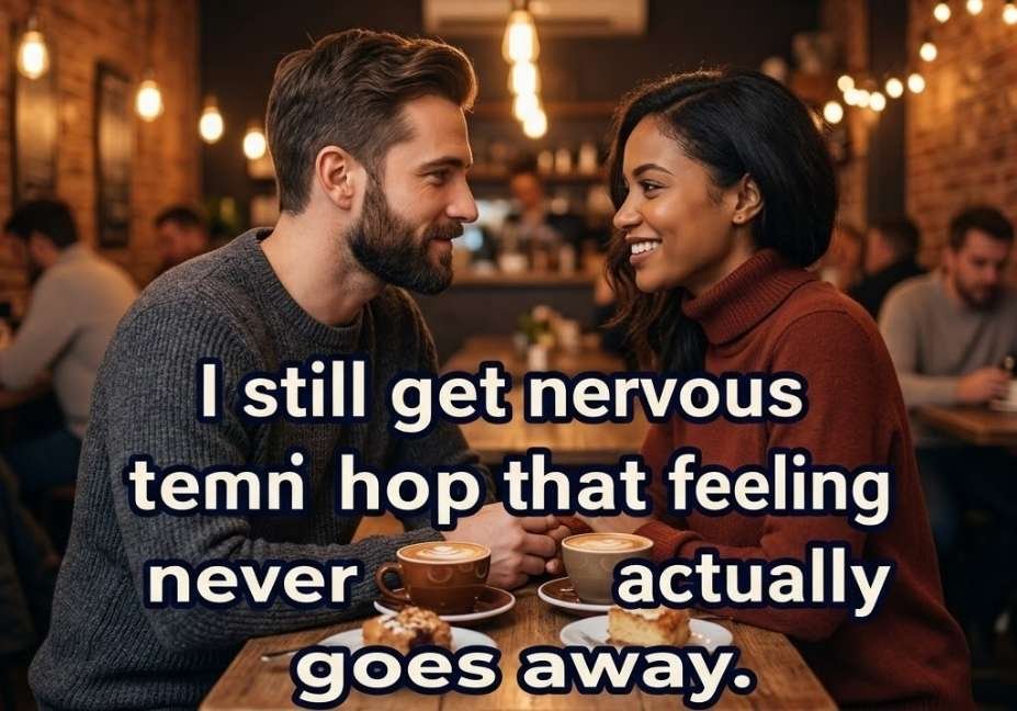 Cozy café couple scene with a romantic Micro Pickup Lines caption about staying nervous in a good way