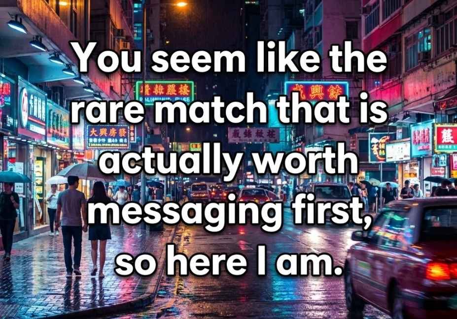 Neon nighttime cityscape featuring a bold Micro Pickup Lines quote about messaging first on a dating app.