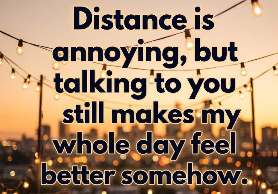 Warm rooftop sunset scene with a long distance Micro Pickup Lines quote about staying connected.