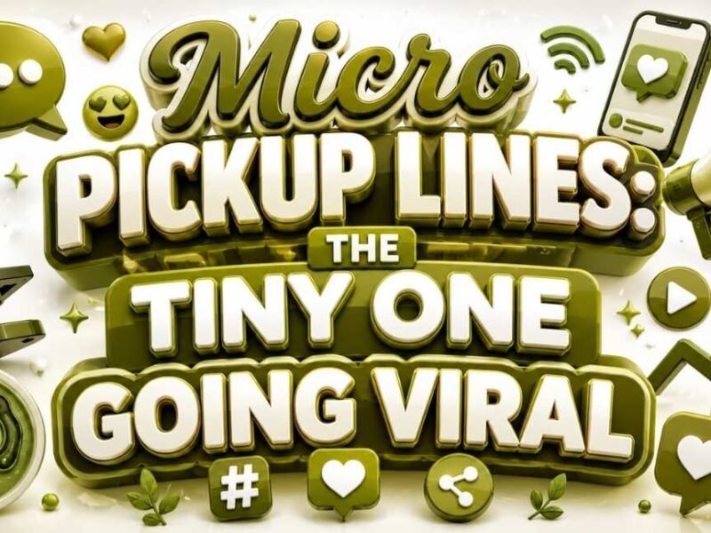 Olive green 3D graphic featuring the title “Micro Pickup Lines: The Tiny One Going Viral” with microscope, petri dish, smartphone, chat bubbles, hearts, social media icons, trending arrow, globe, and viral engagement symbols on a bright white background