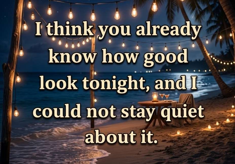 Romantic nighttime beach scene with a confident Micro Pickup Lines quote about noticing someone instantly.