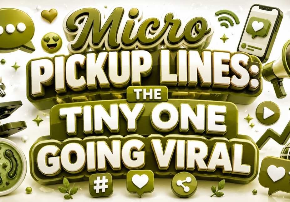 Olive green 3D graphic featuring the title “Micro Pickup Lines: The Tiny One Going Viral” with microscope, petri dish, smartphone, chat bubbles, hearts, social media icons, trending arrow, globe, and viral engagement symbols on a bright white background