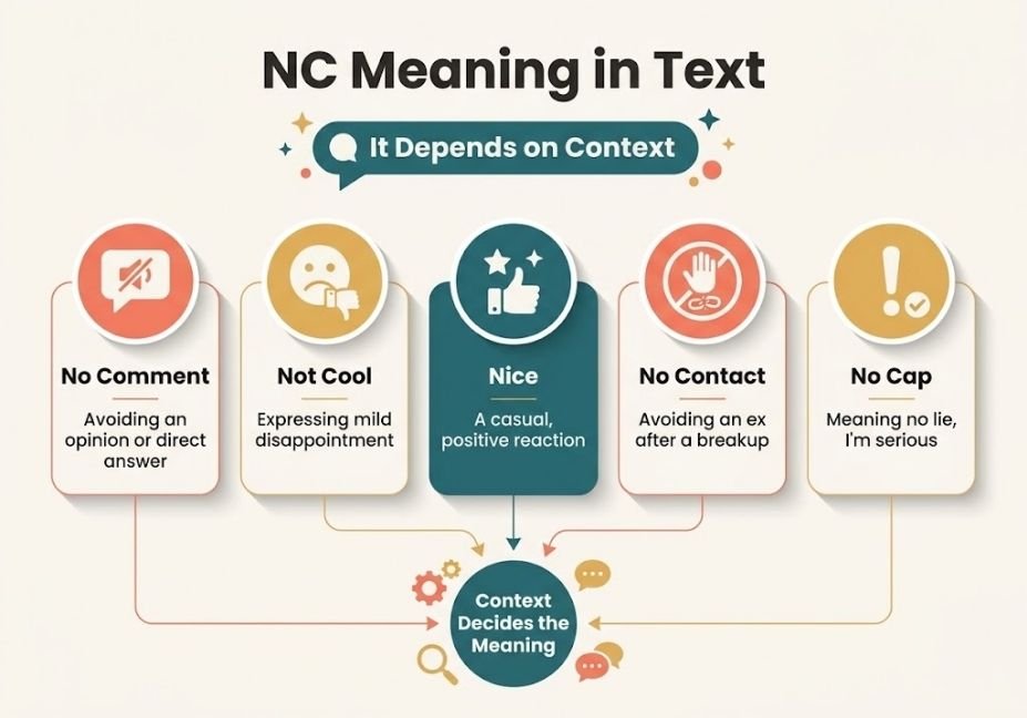 Infographic showing the five most common Nc meaning in text definitions including no comment, not cool, and nice.