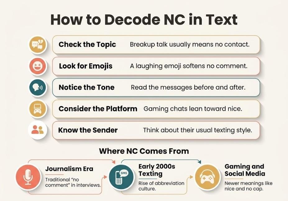 Infographic explaining how to decode Nc meaning in text using context clues, emojis, tone, and platform.