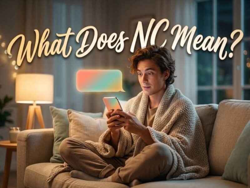 Person reading a confusing text message paired with a bold Nc meaning in text caption asking what it means.