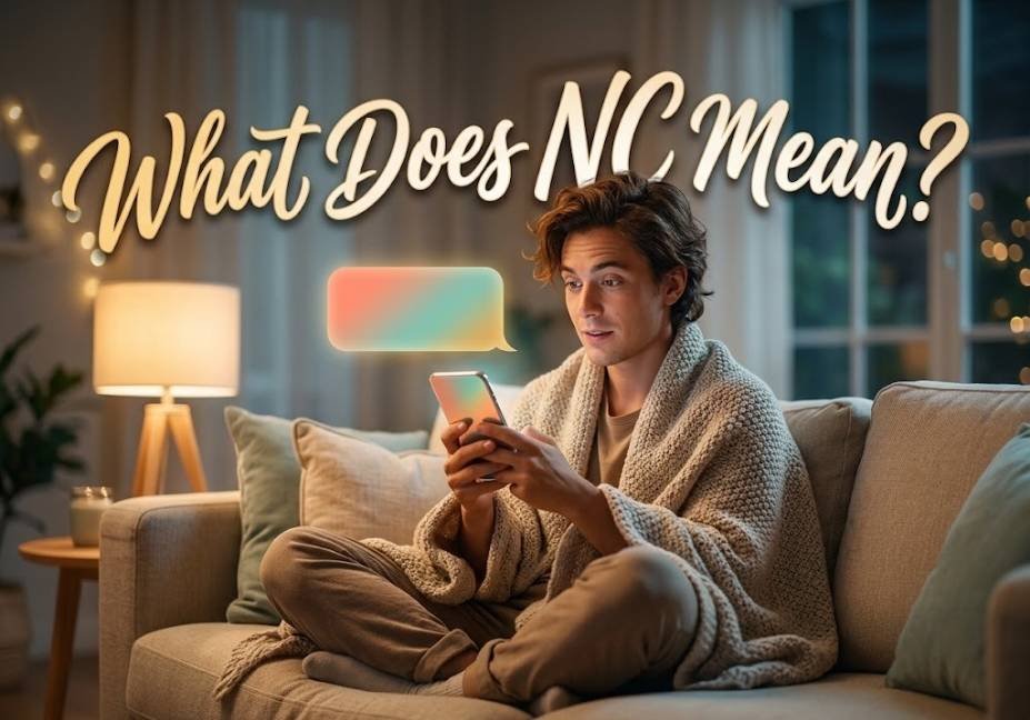 Person reading a confusing text message paired with a bold Nc meaning in text caption asking what it means.