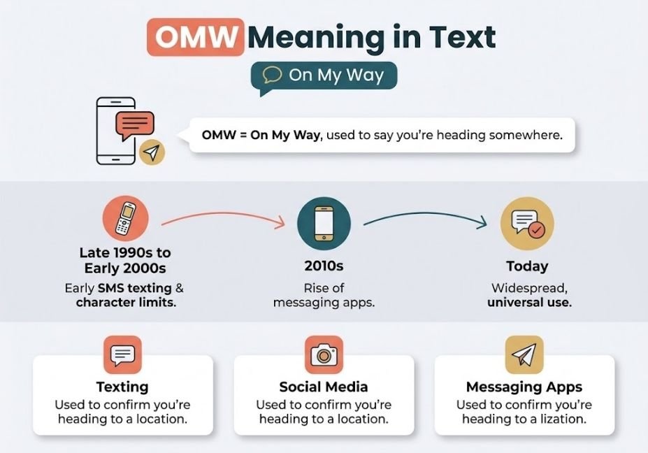 Flat design infographic explaining that "OMW" stands for "On My Way," featuring a historical timeline of texting from early SMS to modern messaging apps, and platform examples like texting and social media.