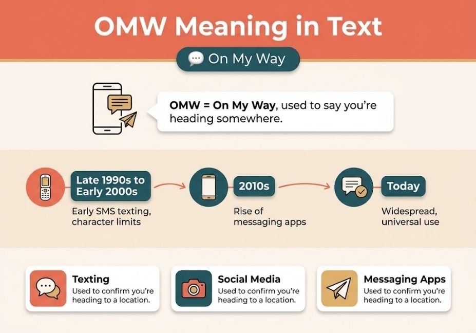 Flat design infographic comparing OMW (On My Way) with similar texting terms (OTW, ETA, BRT) and outlining when to use it, featuring icons for casual use and formal avoidance.