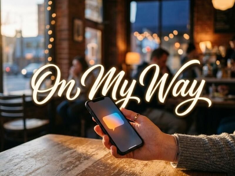 Hand holding a smartphone with “On My Way” text overlay in a warm golden-hour setting, illustrating the meaning of OMW in texting and online conversations.