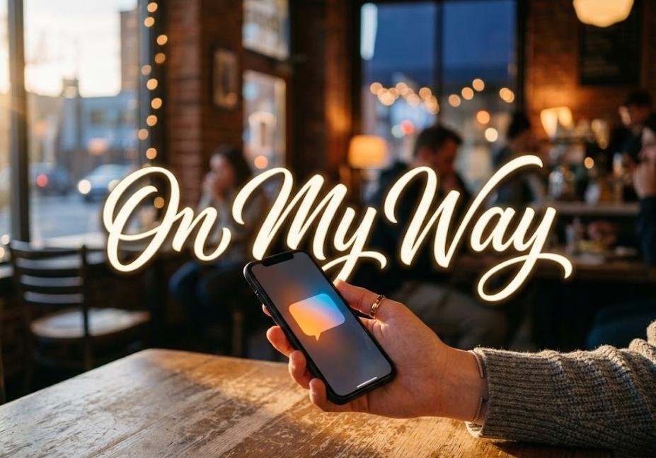 Hand holding a smartphone with “On My Way” text overlay in a warm golden-hour setting, illustrating the meaning of OMW in texting and online conversations.