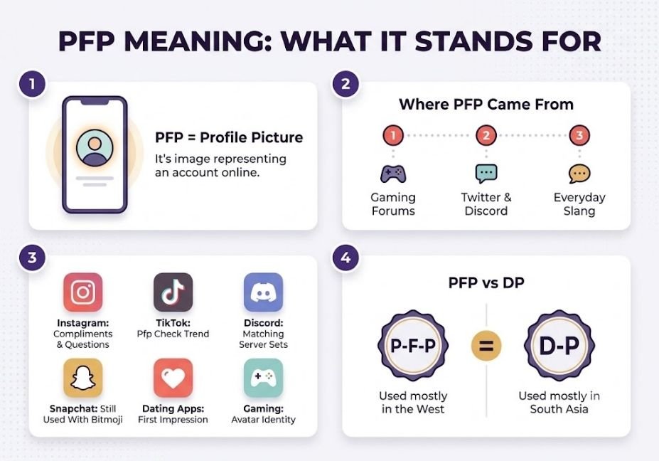 Infographic explaining PFP meaning, its origin timeline, platform usage, and comparison to DP