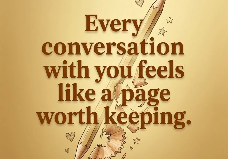 Gold-themed pencil pick up lines graphic featuring a large pencil, pencil shavings, hearts, and stars with the text “Every conversation with you feels like a page worth keeping.”
