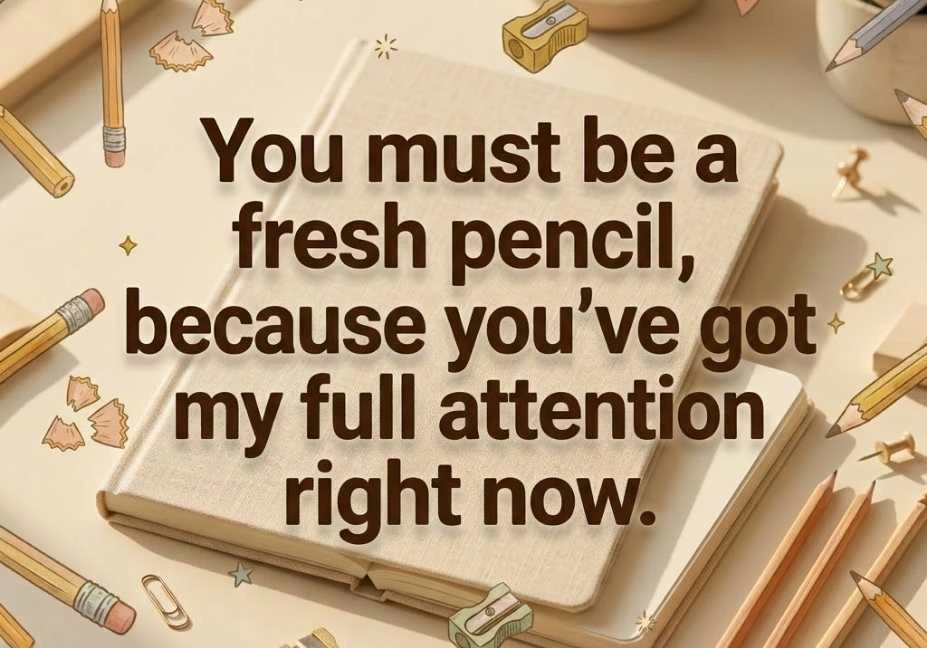 Cream-themed pencil pick up lines graphic featuring a notebook, pencils, erasers, and sharpeners with the text “You must be a fresh pencil, because you’ve got my full attention right now.”
