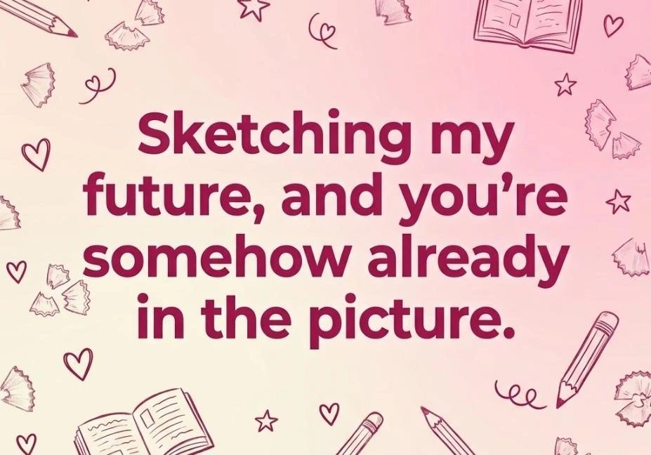 Pink-themed pencil pick up lines graphic with pencils, hearts, stars, notebook illustrations, and the text “Sketching my future, and you’re somehow already in the picture.”