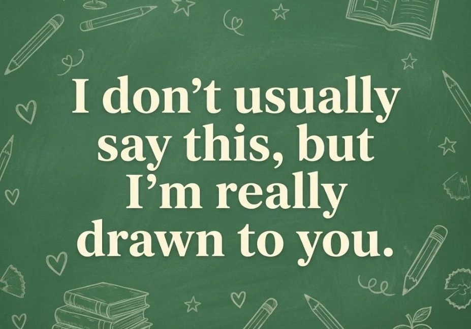 Green chalkboard-style pencil pick up lines graphic with pencil, book, heart, and star illustrations featuring the text “I don’t usually say this, but I’m really drawn to you.”