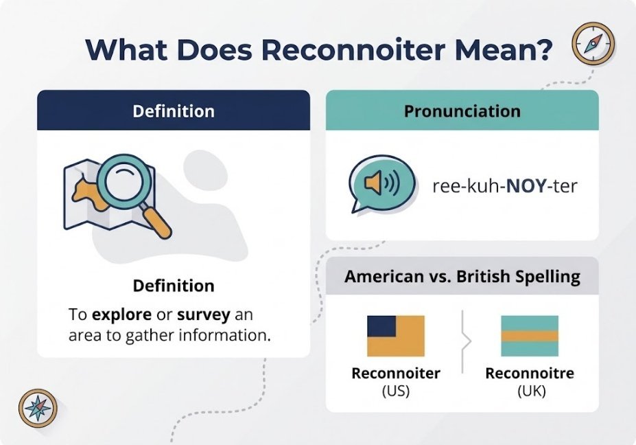 Infographic explaining reconnoiter definition, pronunciation, and US vs UK spelling