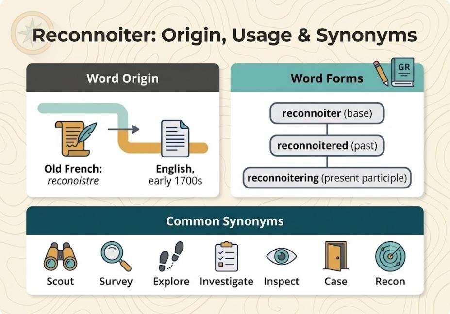 Infographic showing reconnoiter word origin, grammar forms, and synonyms