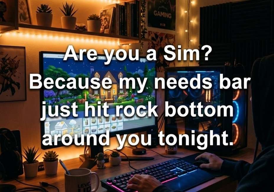 Cozy gaming setup with a glowing virtual house-building scene paired with a playful Sims pickup lines quote about needs bars.
