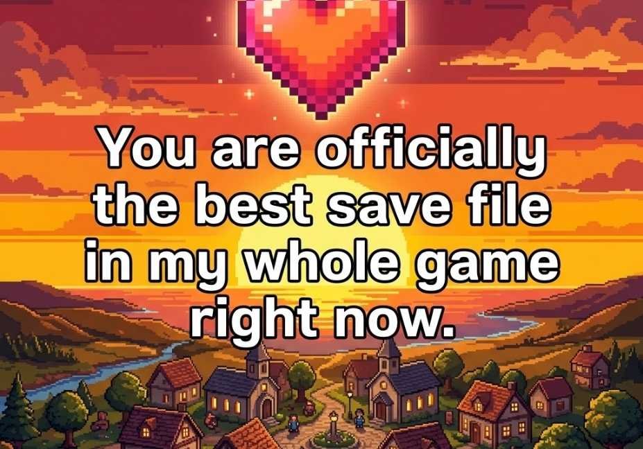 Glowing pixel-art heart above a virtual town at sunset paired with a Sims pickup lines caption about the best save file.