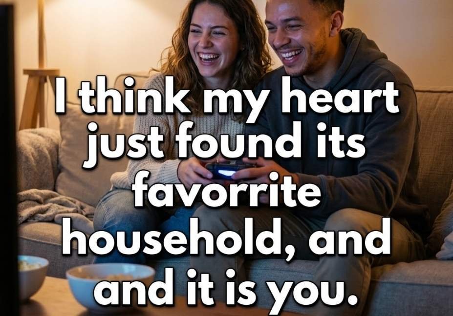 Two people laughing while sharing a gaming controller featuring a heartfelt Sims pickup lines caption about favorite households.
