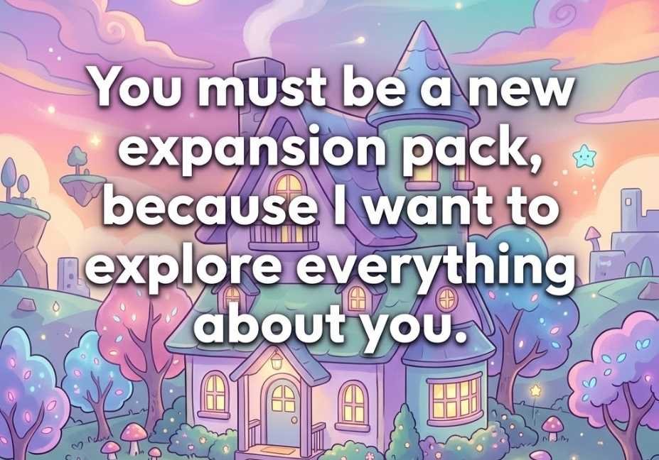 Whimsical glowing virtual house illustration with a flirty Sims pickup lines quote about new expansion packs.