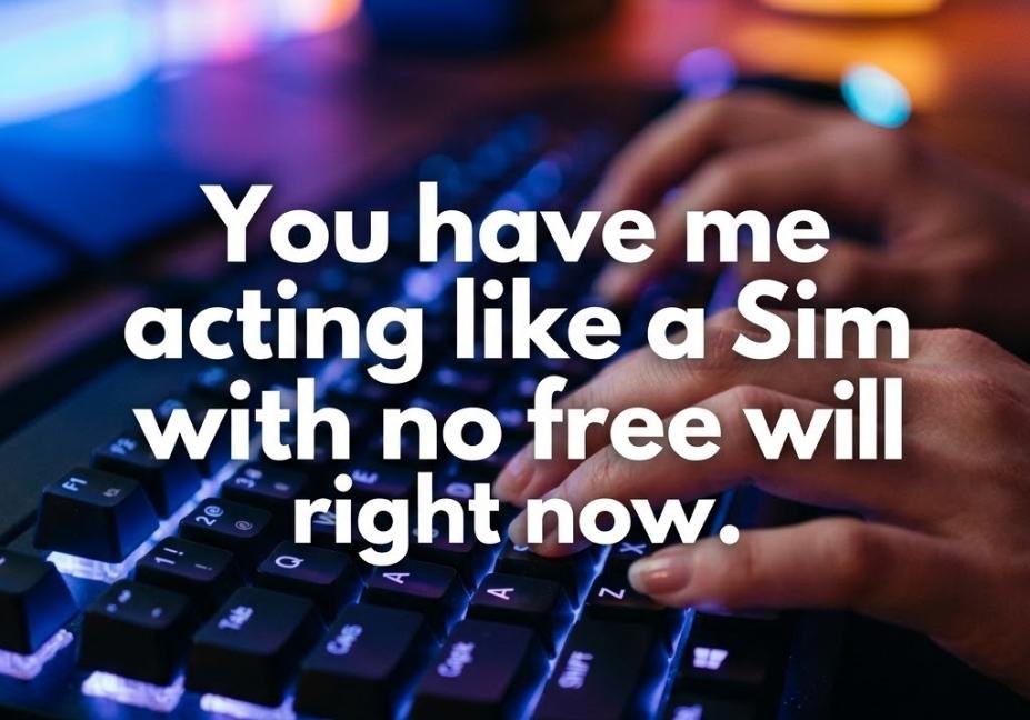 Close-up of hands typing on a glowing keyboard paired with a funny Sims pickup lines caption about free will.
