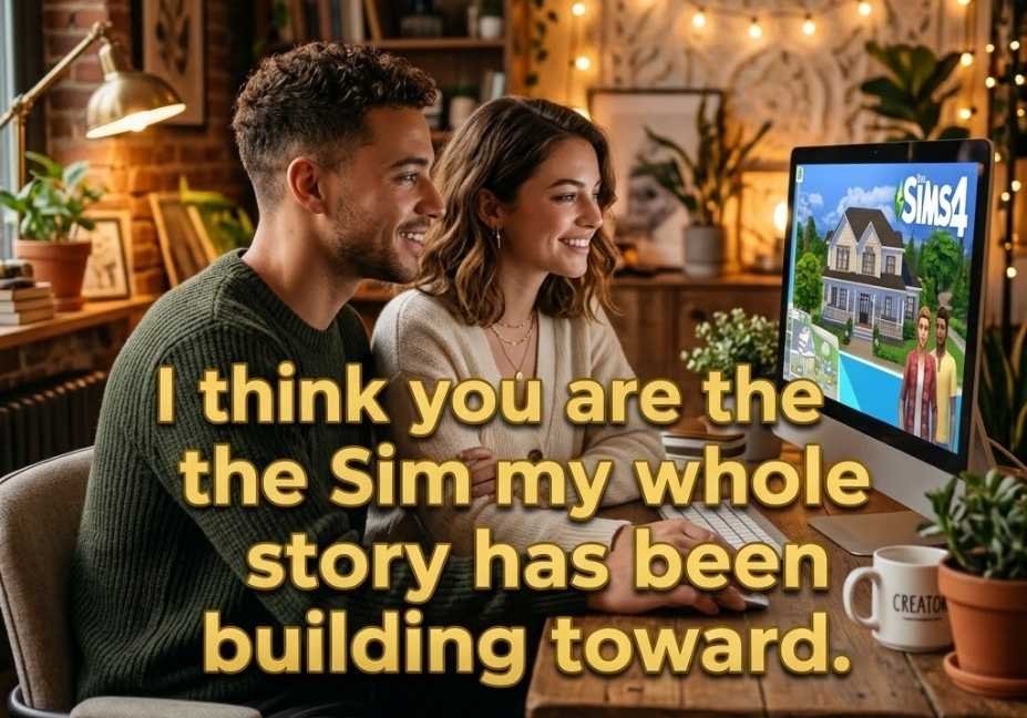 Stylish couple looking at a glowing computer screen together with a romantic Sims pickup lines quote about story building.