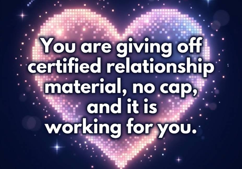 Glowing pixel heart illustration paired with a confident Sims pickup lines caption about relationship material.