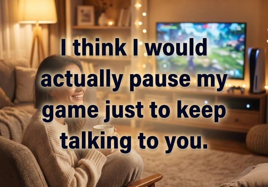 Cozy living room gaming scene featuring a sweet Sims pickup lines quote about pausing the game for someone special.