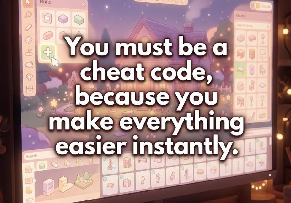 Glowing build mode interface on screen paired with a cheesy Sims pickup lines caption about cheat codes.