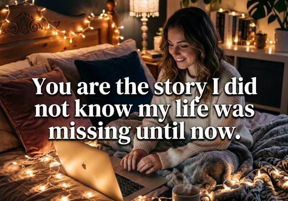 Nighttime laptop and fairy lights scene featuring a romantic Sims pickup lines quote about missing stories.