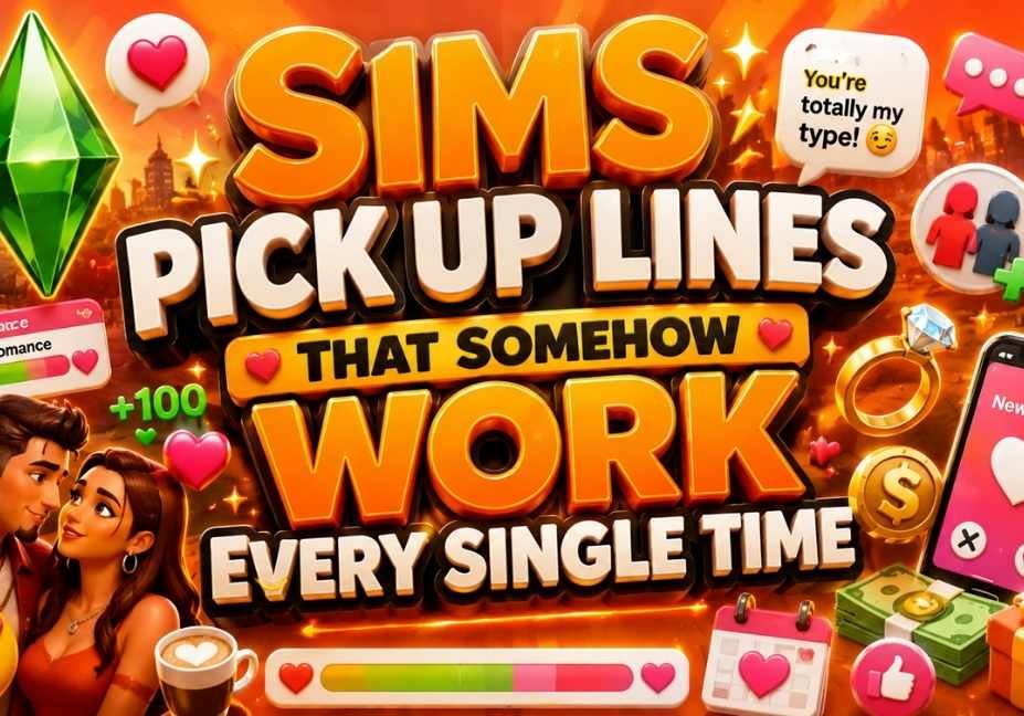 Orange 3D graphic featuring “Sims Pick Up Lines That Somehow Work Every Single Time” with Sims-inspired plumbob, romance meter, dating app icons, hearts, engagement ring, chat bubbles, smartphone, Simoleon symbols, gifts, and a romantic couple on a vibrant orange background.