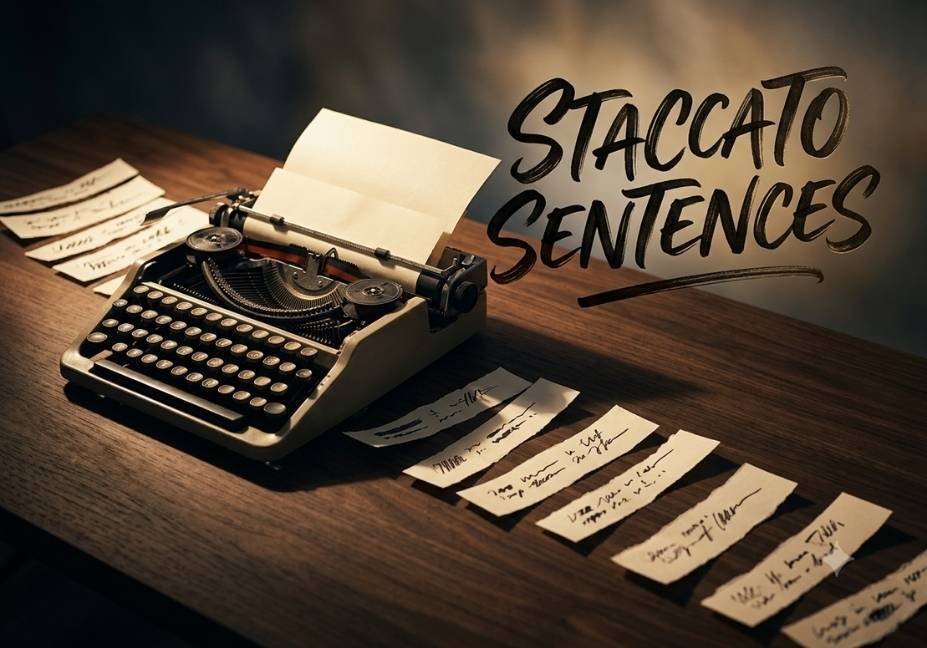 Vintage typewriter on a wooden desk with scattered paper strips, symbolizing staccato sentences meaning in writing