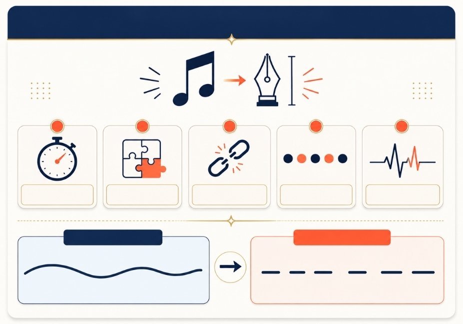 Infographic showing the five core traits of staccato sentences: brevity, simplicity, fragmentation, pattern, and emotional impact