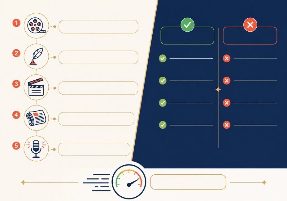 Infographic illustrating staccato sentences used across fiction, poetry, screenwriting, journalism, and speeches, with a do's and don'ts checklist