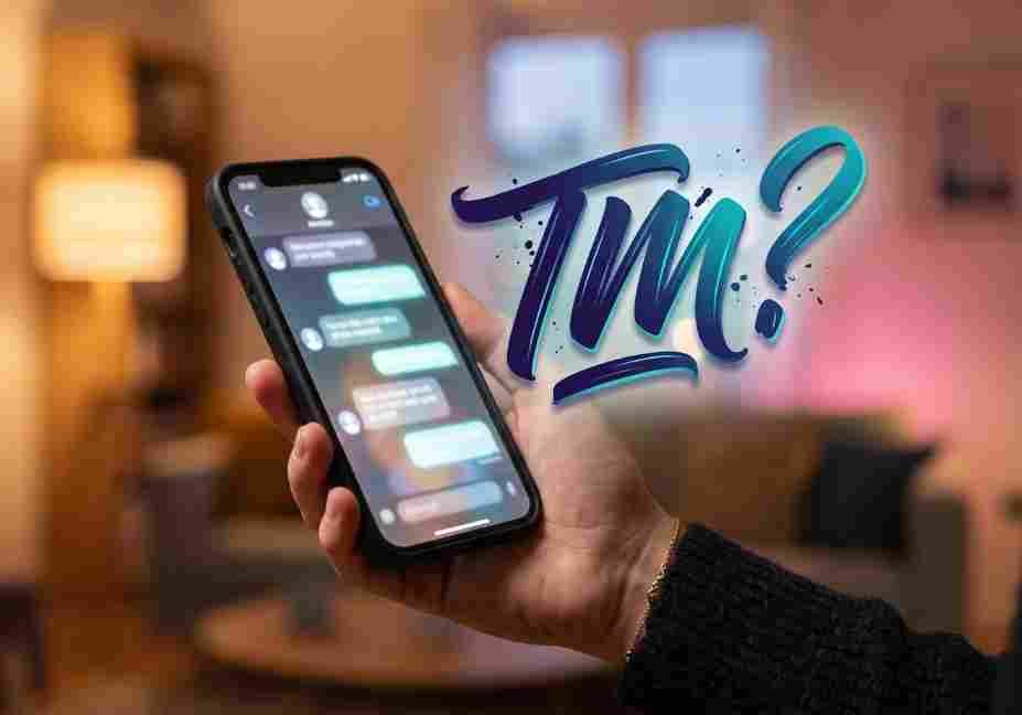 Person holding smartphone with text message chat open, glowing calligraphic 'TM?' text overlay, representing what does TM mean in text